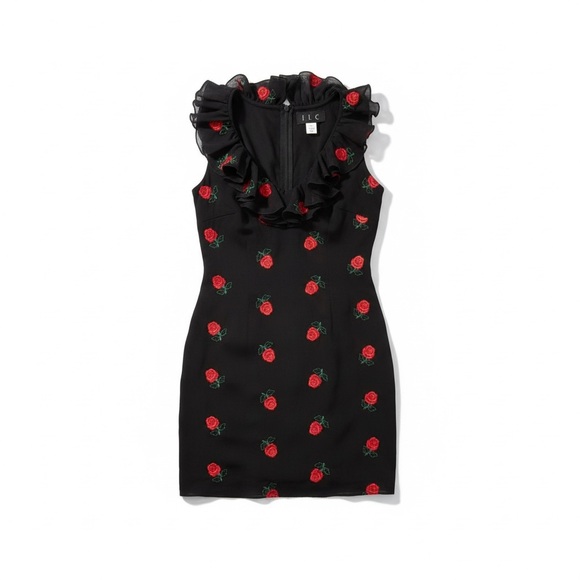 JSC Black mini Dress ruffled neckline with Red roses Floral Design size 8 - Picture 1 of 9